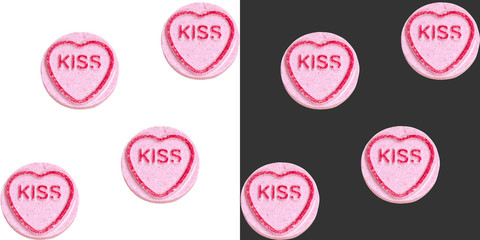 Set of two seamless candy patterns with the inscription kiss. Suitable for use in printed materials or wrapping paper.