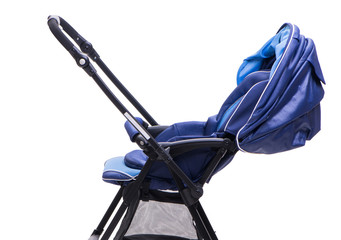 Blue pushchair isolated on white background