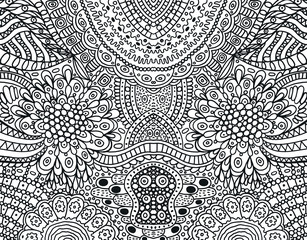 Cartoonish hippie ornament - coloring page for adults. Black and white doodle background. Vector illustration