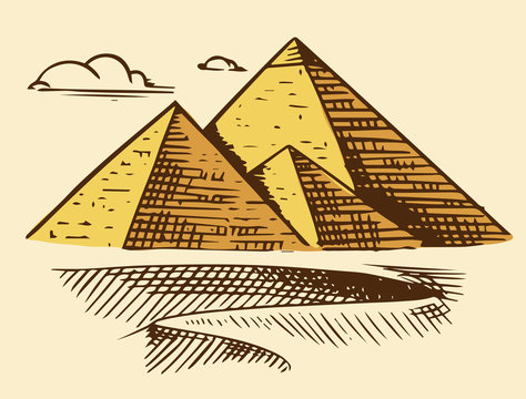 Great Pyramid of Giza. Seven Wonders of the Ancient World. The great construction of the Greeks. Hand drawn engraved vintage sketch.