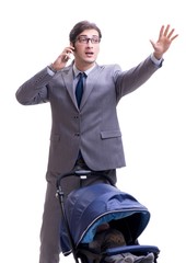 Young dad businessman with baby pram isolated on white