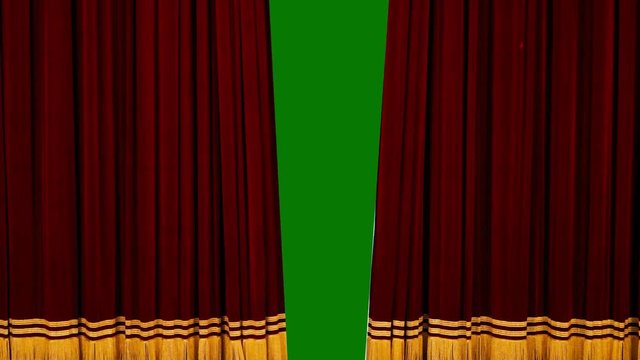 Opulent velvet theatre curtain with golden drapes opening, with green screen chroma key in the background