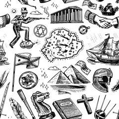 History seamless pattern in vintage style. Education, religion and old ancient symbols. School subject. Background for print or web site. Hand drawn engraved doodle sketch.