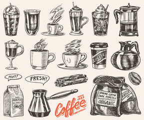 Set of cups of coffee in vintage style. Take away Cappuccino and Glace, espresso and latte, mocha and Americano, frappe in a glass. Hand drawn engraved retro sketch.