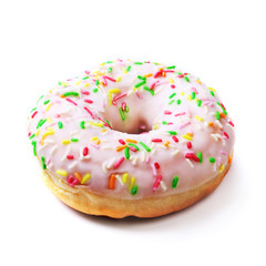 assorted delicious homemade doughnuts in the glaze, colorful sprinkles and nuts isolated on white background.