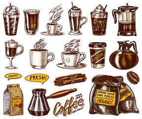 Set of cups of coffee in vintage style. Take away espresso and latte, mocha and Americano, Cappuccino and Glace, frappe in a glass. Hand drawn engraved retro sketch.