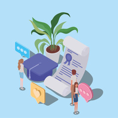 online education with diploma and mini people