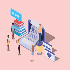 online education with laptop and mini people