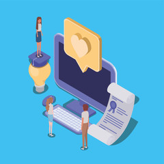 online education with desktop and mini people