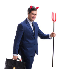 Evil devil businessman with pitchfork isolated on white backgrou