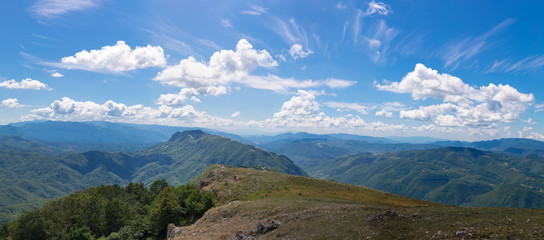 Fototapeta na wymiar Horizon peaks and cloudy sky panorama.