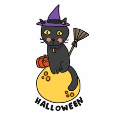 Halloween black cat wear witch hat sit on moon cartoon vector illustration