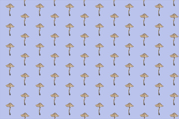 Amanita. Botanical seamless pattern with red mushrooms. Natural elements hand painted with color pencils. Floral watercolor background