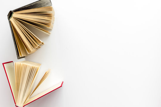 Books On Library Desk For Reading And Education On White Background Top View Mockup