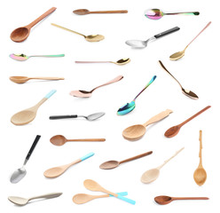 Set of different spoons on white background