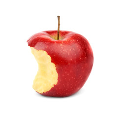 Fototapeta na wymiar Ripe juicy red apple with bite mark on white background