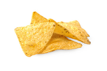 Tasty Mexican nachos chips on white background