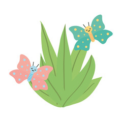 leafs plants garden with butterflies kawaii characters