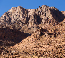 Fototapeta premium Egypt. Mount Sinai in the morning at sunrise. (Mount Horeb, Gabal Musa, Moses Mount). Pilgrimage place and famous touristic destination.