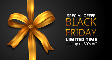 Black Friday sale offer banner with illustration fabric ribbon golden