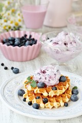 waffles with blueberries and blueberry yogurt ice cream