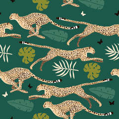 Seamless pattern with cheetahs and leaves. Vector graphics.