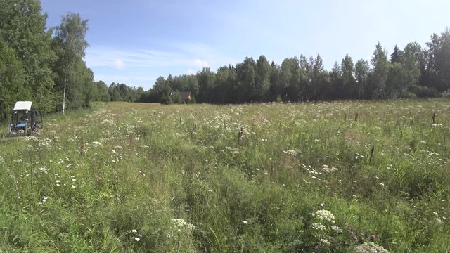 A tractor with a rotary mower drives past a stationary camera, Harvesting hay in a wild meadow, many wildflowers, butterflies fly, a tractor passes by.