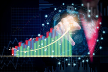 businessman with virtual reality mixed media. Concept of Business technology and digital marketing.