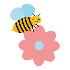 flowers garden with little bee flying kawaii character