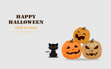 Halloween greeting card concept. Cute pumpkins spooky scary smile and black cat. Flat design vector illustration.