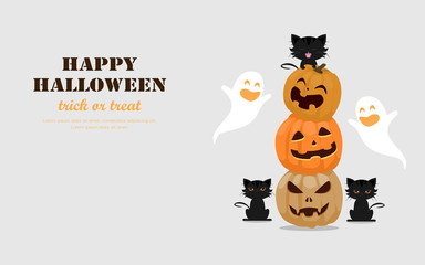 Halloween greeting card concept. Cute pumpkins spooky scary smile, little ghost and black cat. Flat design vector illustration.