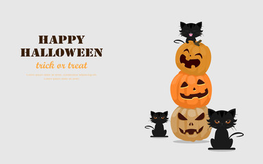 Halloween greeting card concept. Cute pumpkins spooky scary smile and black cat. Flat design vector illustration.