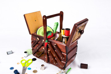 Vintage Wooden Sewing Box for storage of accessories like needles, utensils, thimble, yarn, pins, pin cushion..