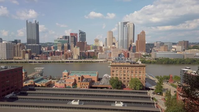 View of the Pittsburgh skyline from the Monongahela Incline as it travels up to Mount Washington from downtown Pittsburgh, PA.