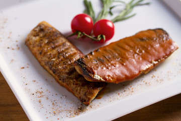 Grilled mackerel fish fillet in mustard sauce