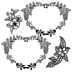Various pattern of card, black line art on white backdrop, leaves and wreath frame. Vector