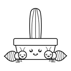 cactu in ceramic pot and ants kawaii style