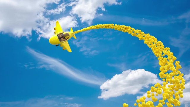 The cartoon character at the head is made of eggs. Wearing a helmet Drive the Yellow plane to scatter balloons. 3D Render.