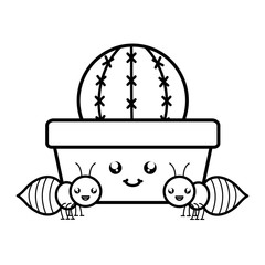 cactu in ceramic pot and ants kawaii style