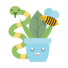 house plant in ceramic pot with snake and bee kawaii style