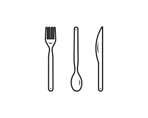 Abstract logo of a cafe or restaurant. A spoon, knife and fork on a plate. A simple outline