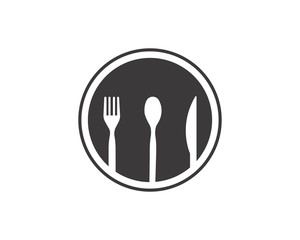 Abstract logo of a cafe or restaurant. A spoon, knife and fork on a plate. A simple outline