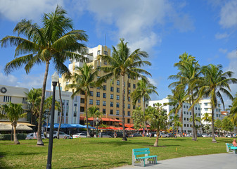 Art Deco Style Building on Ocean Drive in the early morning in South Beach, Miami Beach, Florida, USA.
