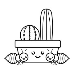 cactu in ceramic pot and ants kawaii style