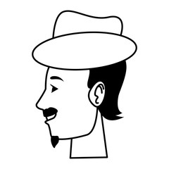 Young man face head profile cartoon in black and white