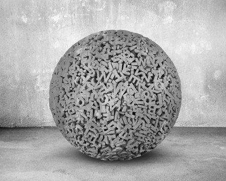 Big data concept. Huge amount 3d letters and numbers of concrete material ball, in concrete wall and floor space background.