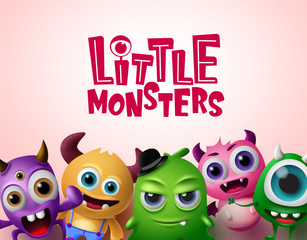 Cute little monsters 3d realistic characters vector background template. Little monsters text with empty space for messages in red background. Vector Illustration. © AmazeinDesign