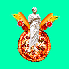 Contemporary art collage. Sculpture renaissance Man and favorite fast food