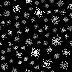 Sketch spider web Halloween seamless pattern. Spider web Halloween seamless in hand-drawn style on black background. Spooky silhouette