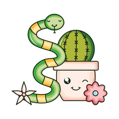 cactu in ceramic pot and snake kawaii style